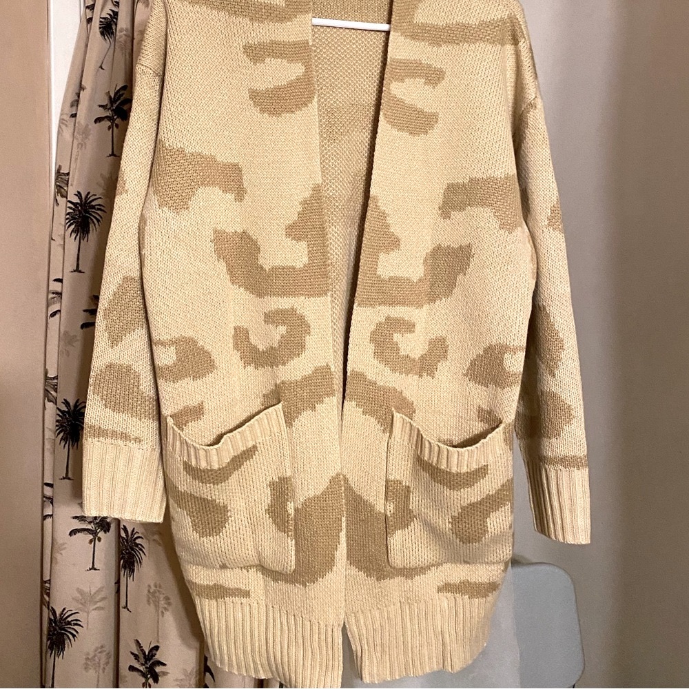 Soulomelody Msikiver Leopard Print Tan Cardigan Womens Large Open Front Sweater - Picture 5 of 5